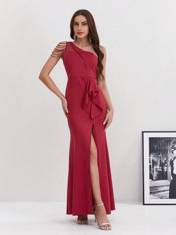 Solid Color Asymmetrical Neck Sheer Mesh Splicing Thigh-Split Formal Dress