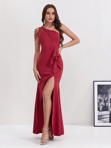 Solid Color Asymmetrical Neck Sheer Mesh Splicing Thigh-Split Formal Dress