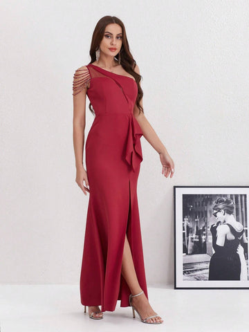 Solid Color Asymmetrical Neck Sheer Mesh Splicing Thigh-Split Formal Dress