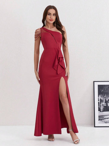 Solid Color Asymmetrical Neck Sheer Mesh Splicing Thigh-Split Formal Dress