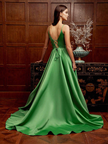 Solid Color Backless Halter Neck Maxi Dress With Big Hemline