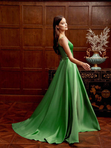 Solid Color Backless Halter Neck Maxi Dress With Big Hemline