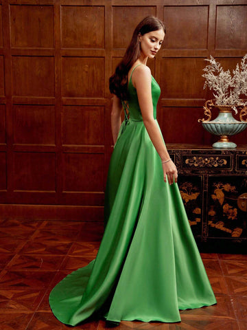 Solid Color Backless Halter Neck Maxi Dress With Big Hemline