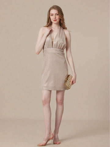 Solid Color Backless Zipper Closure Party Dress With Sparkling Sequins For Cocktail Parties