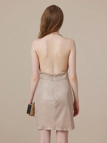 Solid Color Backless Zipper Closure Party Dress With Sparkling Sequins For Cocktail Parties