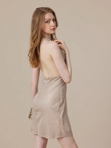 Solid Color Backless Zipper Closure Party Dress With Sparkling Sequins For Cocktail Parties