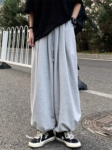 Solid Color Baggy Casual Sweatpants With Elastic Cuffs