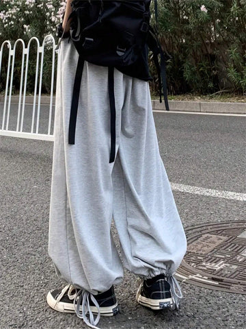 Solid Color Baggy Casual Sweatpants With Elastic Cuffs