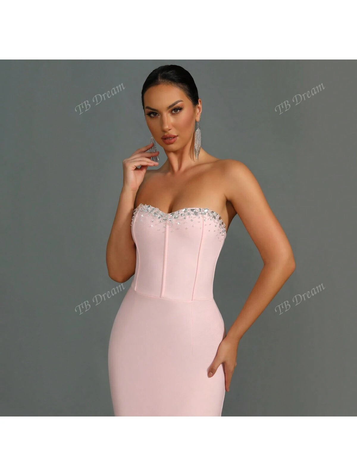 Solid Color Bandeau Mermaid Handmade Crystal Fitted Maxi Evening Dress For Women, Sexy & Fashion