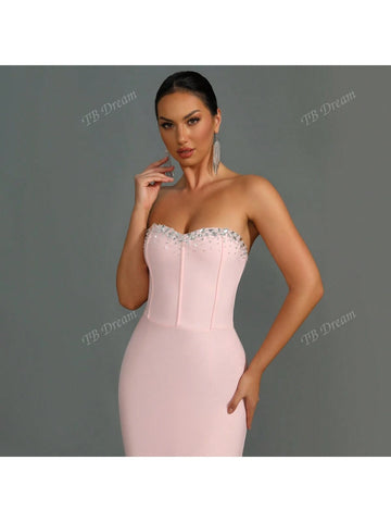 Solid Color Bandeau Mermaid Handmade Crystal Fitted Maxi Evening Dress For Women, Sexy & Fashion