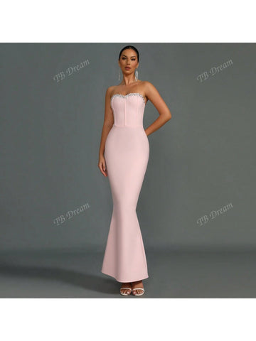 Solid Color Bandeau Mermaid Handmade Crystal Fitted Maxi Evening Dress For Women, Sexy & Fashion