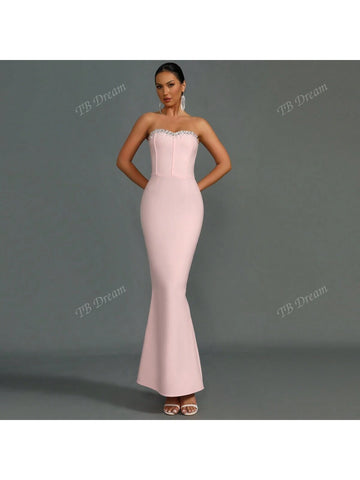 Solid Color Bandeau Mermaid Handmade Crystal Fitted Maxi Evening Dress For Women, Sexy & Fashion