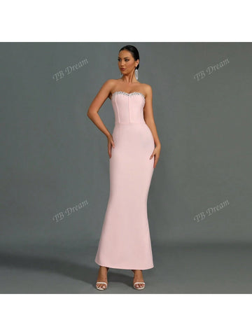 Solid Color Bandeau Mermaid Handmade Crystal Fitted Maxi Evening Dress For Women, Sexy & Fashion