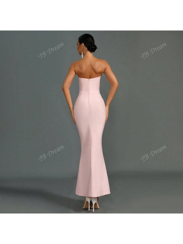 Solid Color Bandeau Mermaid Handmade Crystal Fitted Maxi Evening Dress For Women, Sexy & Fashion