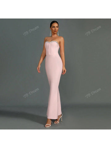 Solid Color Bandeau Mermaid Handmade Crystal Fitted Maxi Evening Dress For Women, Sexy & Fashion