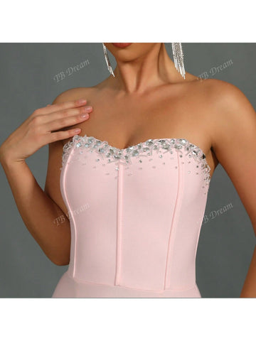 Solid Color Bandeau Mermaid Handmade Crystal Fitted Maxi Evening Dress For Women, Sexy & Fashion