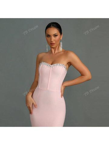 Solid Color Bandeau Mermaid Handmade Crystal Fitted Maxi Evening Dress For Women, Sexy & Fashion
