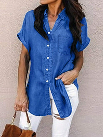 Solid Color Button-Front Casual Short Sleeve Shirt With Pocket