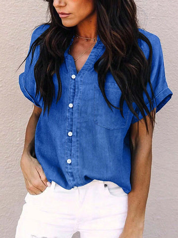 Solid Color Button-Front Casual Short Sleeve Shirt With Pocket