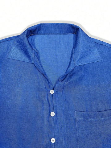 Solid Color Button-Front Casual Short Sleeve Shirt With Pocket