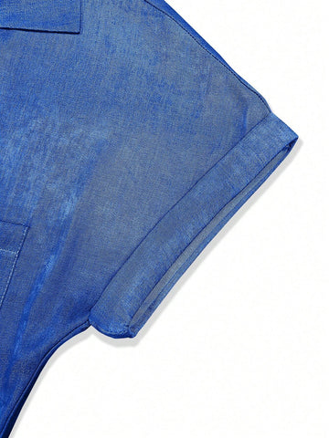 Solid Color Button-Front Casual Short Sleeve Shirt With Pocket