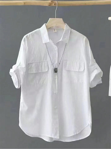 Solid Color Button Front Shirt, Casual Short Sleeve Curved Hem Blouse, Spring/Summer Women Apparel