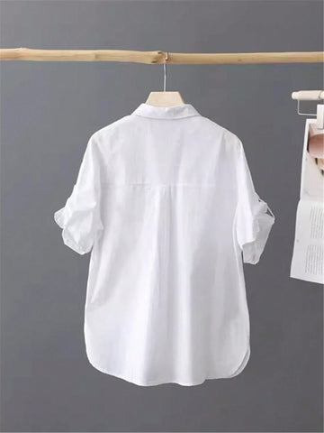 Solid Color Button Front Shirt, Casual Short Sleeve Curved Hem Blouse, Spring/Summer Women Apparel