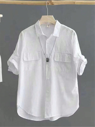 Solid Color Button Front Shirt, Casual Short Sleeve Curved Hem Blouse, Spring/Summer Women Apparel