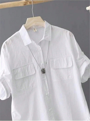 Solid Color Button Front Shirt, Casual Short Sleeve Curved Hem Blouse, Spring/Summer Women Apparel