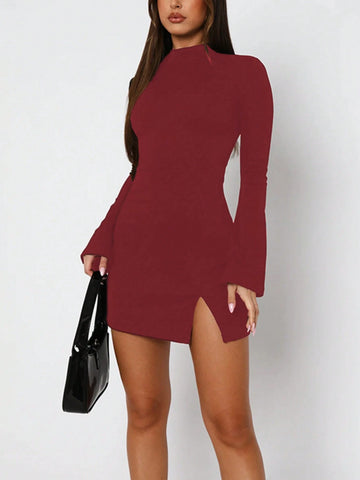 Solid Color Casual Basic Open Slit Half-Turtleneck Midi Dress, Autumn