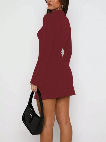 Solid Color Casual Basic Open Slit Half-Turtleneck Midi Dress, Autumn