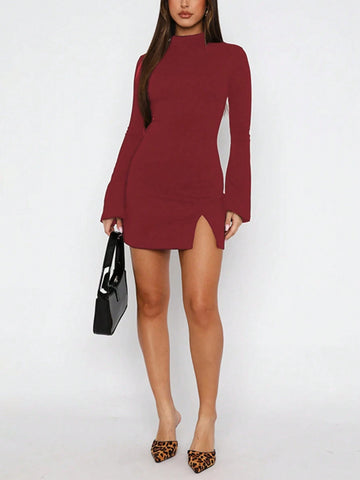 Solid Color Casual Basic Open Slit Half-Turtleneck Midi Dress, Autumn