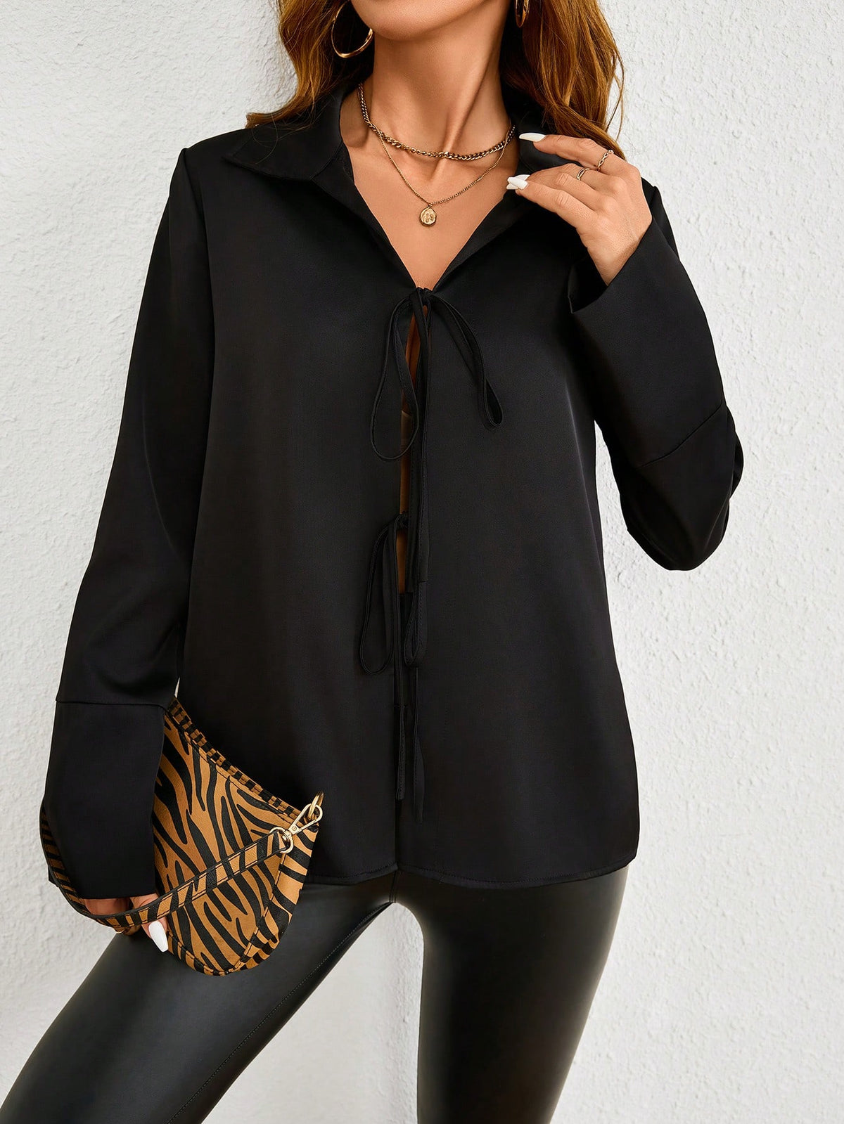 Solid Color Collar Tie-Up Hollow Long Sleeve Blouse