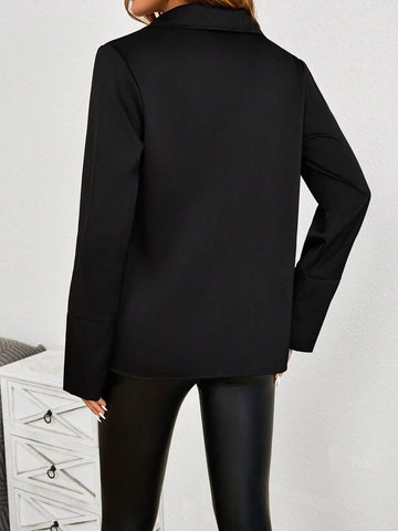 Solid Color Collar Tie-Up Hollow Long Sleeve Blouse