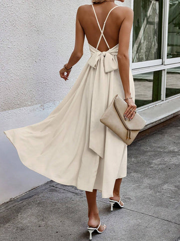 Solid Color Crisscross Halter Backless Tie Cami Dress