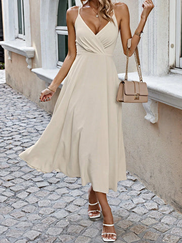 Solid Color Crisscross Halter Backless Tie Cami Dress