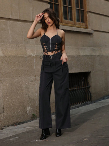Solid Color Crisscross Halter Neck Top And Straight Pants