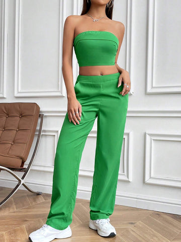 Solid Color Cropped Strapless Top And Slanted Pocket Pants Set