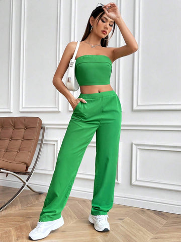 Solid Color Cropped Strapless Top And Slanted Pocket Pants Set