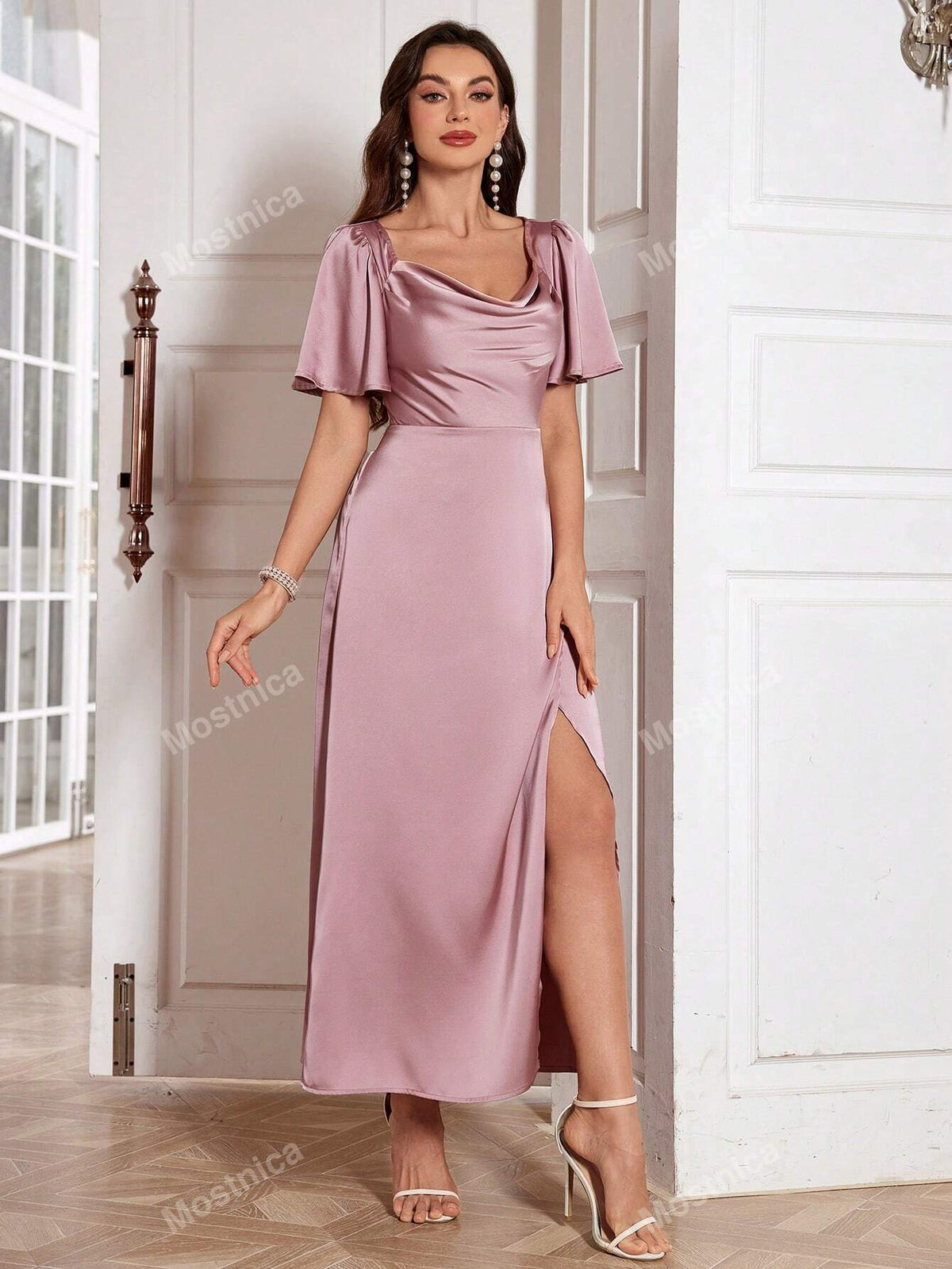 Solid Color Draped Neck Split Hem Cocktail Dress