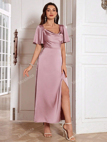 Solid Color Draped Neck Split Hem Cocktail Dress