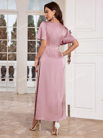 Solid Color Draped Neck Split Hem Cocktail Dress