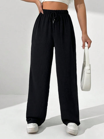 Solid Color Drawstring Elastic Waist Wide-Leg Pants