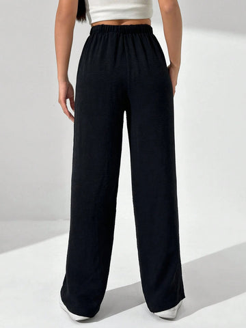 Solid Color Drawstring Elastic Waist Wide-Leg Pants