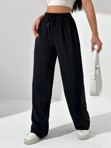 Solid Color Drawstring Elastic Waist Wide-Leg Pants