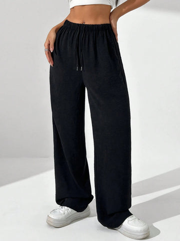 Solid Color Drawstring Elastic Waist Wide-Leg Pants