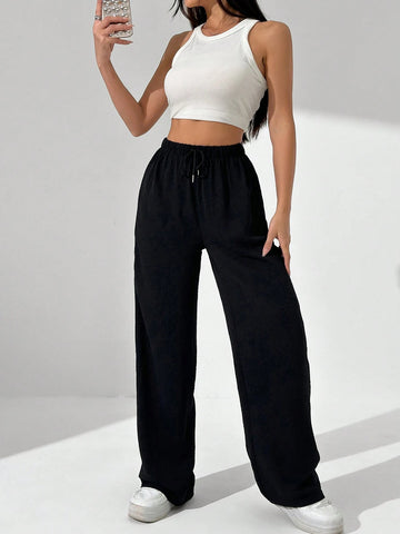 Solid Color Drawstring Elastic Waist Wide-Leg Pants