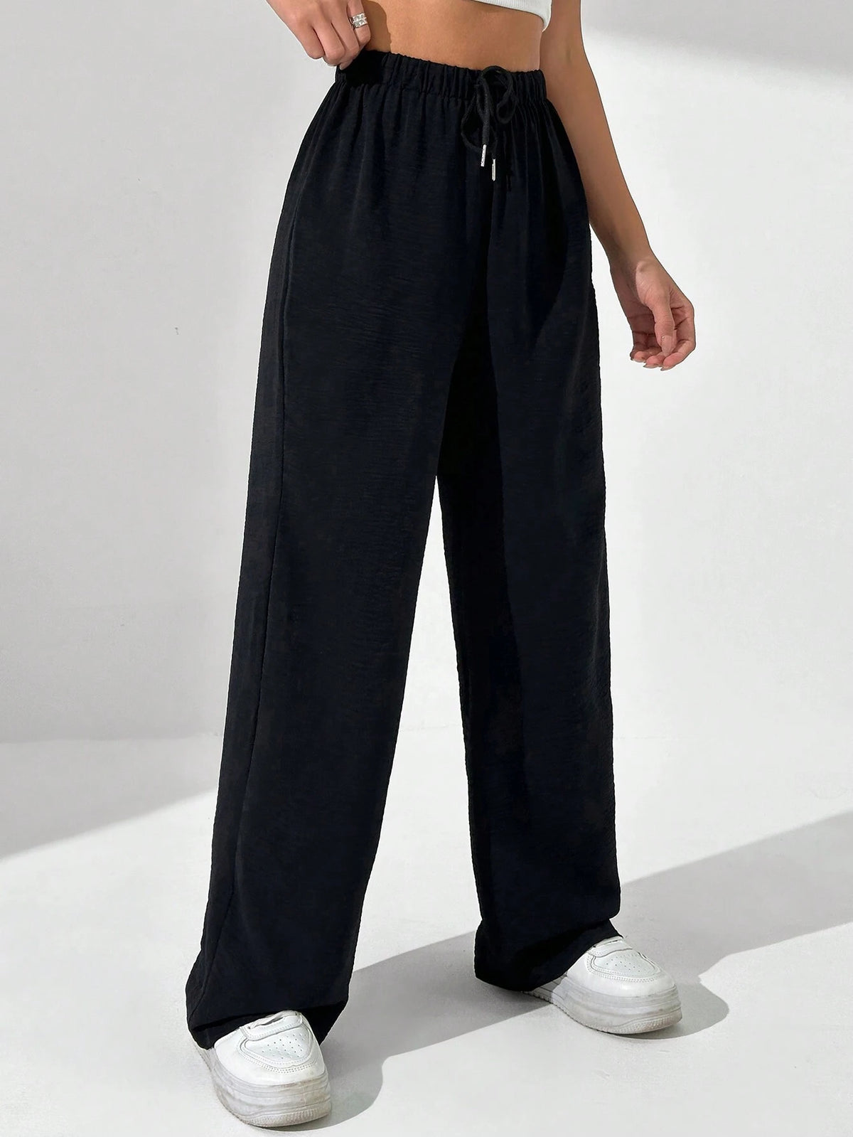 Solid Color Drawstring Elastic Waist Wide-Leg Pants
