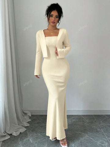 Solid Color Elegant Slim Fit Mermaid Tail Hem Cami Dress And Short Front Flap Long Sleeves Jacket Coat Two Piece Set,2024 Autumn And Winter New Women's Clothing