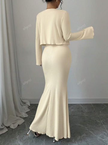 Solid Color Elegant Slim Fit Mermaid Tail Hem Cami Dress And Short Front Flap Long Sleeves Jacket Coat Two Piece Set,2024 Autumn And Winter New Women's Clothing